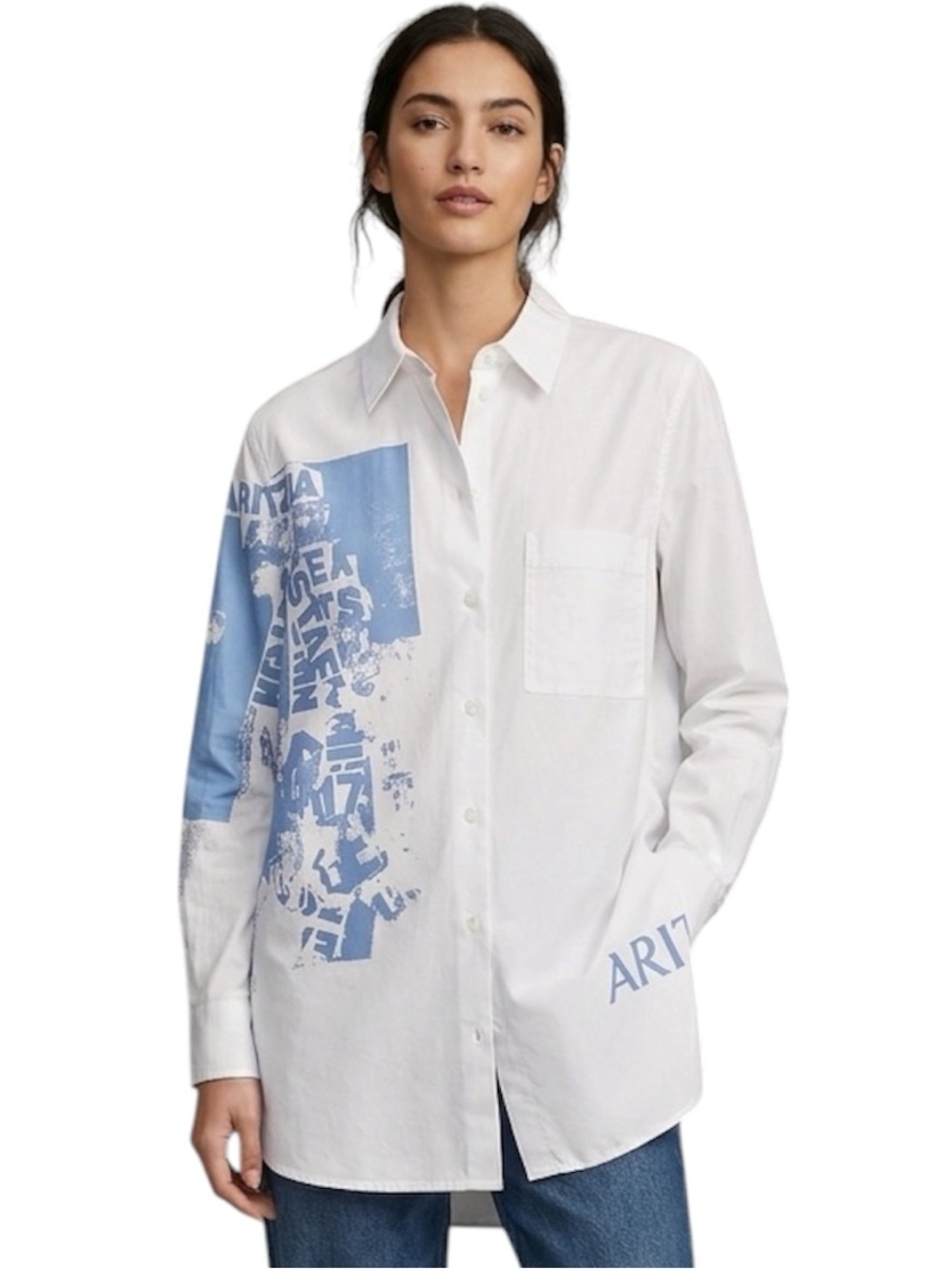 Aritzia NWOT Graphic Print Oversized Button-Down Shirt Long Sleeve Size US 2